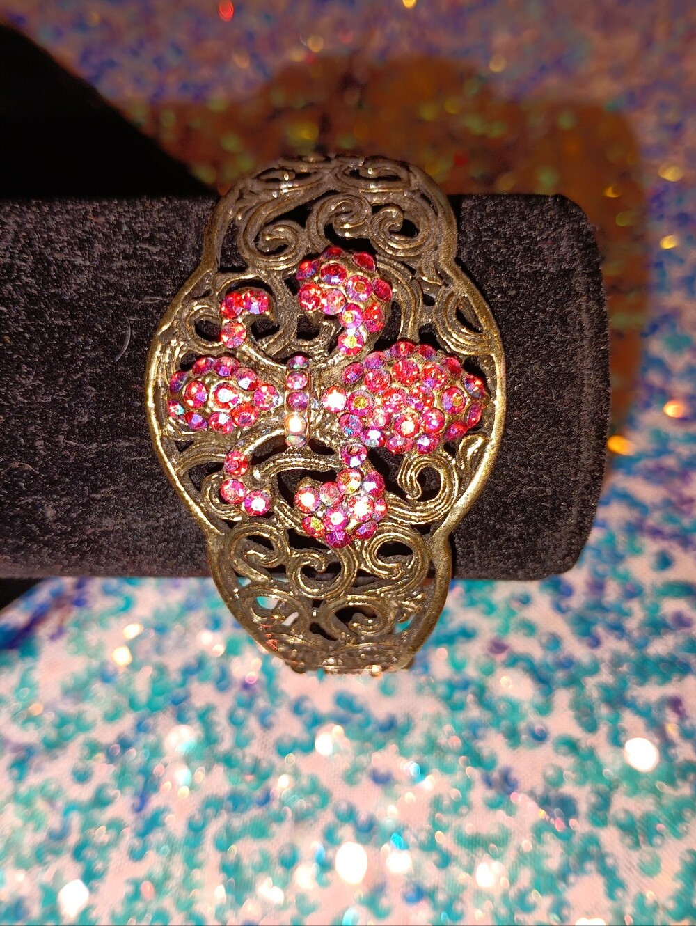 Vintage-Inspired Gold Filigree Bracelet with Pink Crystal Fleur De Lis
